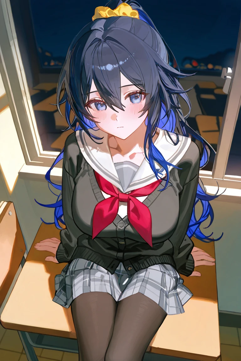 A pretty pretty adult, pale long dark blue hair with eyes of the same color and wears glasses, with formal clothes 