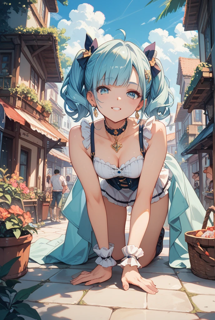 master piece, hyper quality, Hyper Detailed, Perfect drawing,独奏,garl, bob cuts、Pastel colors hair、Big eyes with double eyelids、lofty nose、blusher:(0.2),Satin White Dress:(see through1.5)、knee high socks、garterbelts、beret、Laced boots、 butt sticks out, Big round buttocks, Standing figure, ((Panties are slightly visible)), (((Luxury underwear)))Tanned skin: (1.2), Cute smile,Shooting from diagonally below, outside of house、blue-sky、Summer colors、Sunlight、Beautiful background, meticulous drawing, Accurate drawing.