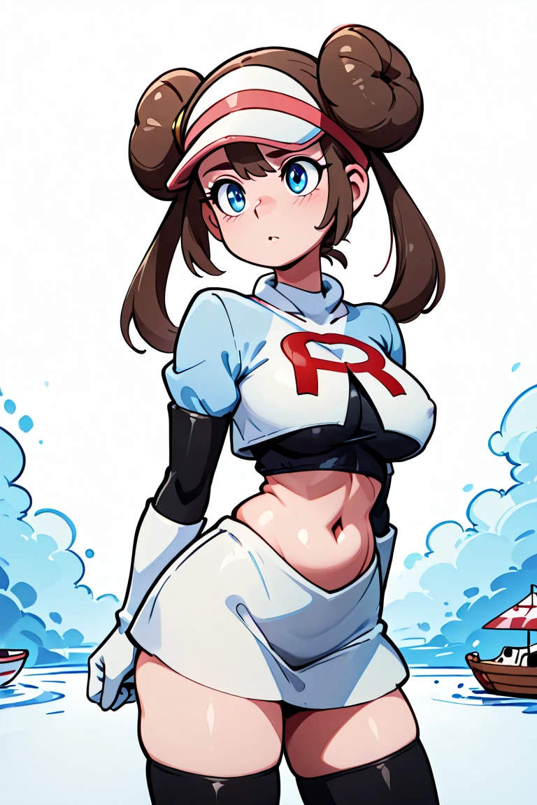 supermodel physique, perfect body, Perfect clear skin, 超realistic, hyper realism, realistic, 超high quality, masterpiece, high quality, beautiful, sexy face, cute, Slightly toned, fit, Supermodel Build, 3/4 body view, sexy waist, sexy hips, perfect legs, thigh gap, towards the camera, rosa(Pokemon), 1 girl, alone,double bun, bun hair, visor cap, brown hair, blush, (lace queen、Holding a parasol、体にfitした衣装、tight costume)、Are standing、Racetrack