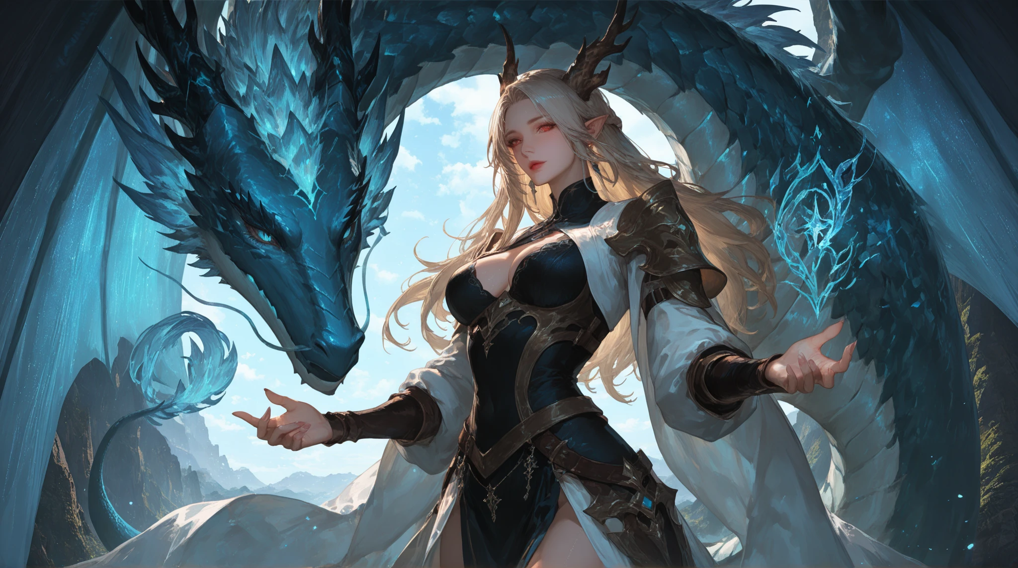 ((Tail is behind)), (Pretty girl in front of the dragon 1, Armor), Highly detailed CG Unity 8K wallpaper), (Best quality: 1.2), (High Definition), (Illustration: 1.1), (Cinematic Light: 1.1), Fine-grained, intricate detail, (Best Illustration), 8K resolution, Intricate detail, Best quality, Realistic, Super detail, Best illumination, Best Shadows, UltraHD, Cryengine, Detailed Reflections, Detailed Shadows, ((Complex Detail))), Smooth, (Perfect Shading)), High Quality Metal Textures, Metallic Glossy, Highly Detailed Illustrations, (Semi-Realistic: 1.6), (Wide Shot: 1.2), (From Below, Dutch Angle), (Beautiful Eyes to the Detail: 1.1 (Lifelike Body: 1.2), Viewers Watch ((Golden Giant Dragon: 1.6)), (Glowing Eyes\[Magic Square of the Eyes [Yellow\]), Silvery Long Hair, Hairs Between the Eyes, Sigma 135mm Lens, (Giant Waterfall Background), Dynamic Camera Angles, (Warzone), (High Quality Detailed Ruins)), (Depth of Field), (Cinematic Lighting)), (( Horror)), ((Dark Fantasy)), Love Krafchan, Spot Color, Splash Blood, (Best Illumination), (Very Intricate Detail), (((Ultra Detail)), 4K Unity, (Highly Detailed CG: 1.2), (8k: 1.1), (Landscape), Art Station, ((Sui Ishida, Wen Jun Lin, Stefan Morel)), Dystopian Art, Apocalyptic Art, (Semi-Realism), (Dynamic), (nixeu_basic 2:0.5)