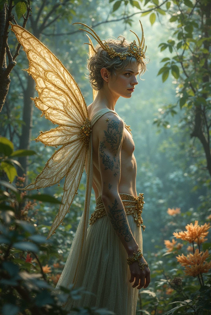 Cute male fairy man with blue and orange details, large wings, forest in background, vibrant colors, full body, detailed face, detailed hands, detailed legs, detailed fingers, detailed hair, detailed eyes, detailed skin, lush vegetation blurred background, vibrant colors, lush light, soft light, sunset light, smooth light, symmetrical, full body, reflections, dynamic HDR lighting, 8k resolution, cinematic film, smooth, sharp focus, realistic, strobe light beams, ((blurred background)):1.7, (((depth of field)) ):1.8, cinestill 800t 35mm, high quality, heavy grain, high detail, cinematic composition, dramatic light, anamorphic, ultra wide lens, hyperrealistic --auto