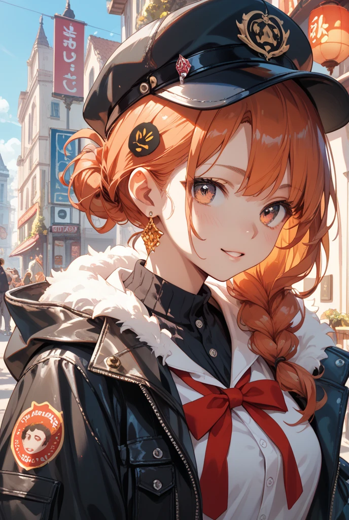 8k,highest quality,masterpiece,expensive body, expensive, long legs, mature female, mature, adult, It is_Nisekoi_orange, 1 girl, alone, hair ornaments, flower, hair flower, smile, null, long hair, outdoors, Upper body, brown hair, red eyes, clavicle, brown eyes, orange hair, side lock,sexy police uniform,police hat,Girl salutes, Hands are applied to the head,(masterpiece:1.2), highest quality, High resolution, unity 8k wallpaper, (shape:0.8), (beautiful and detailed eyes:1.6), highly detailed face, perfect lighting, Very detailed CG, (perfect hands, perfect anatomy),