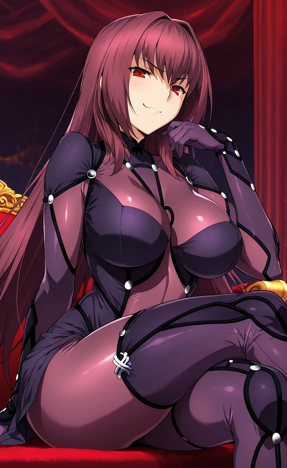 green eyes, red hair with long bangs, noble. sadistic women, wavy long hair. strong woman. purple outfit. she quiet. wear purple and black outfit. background in luxury mansion. dominant woman. mafia. mature woman. girl boss. badass woman