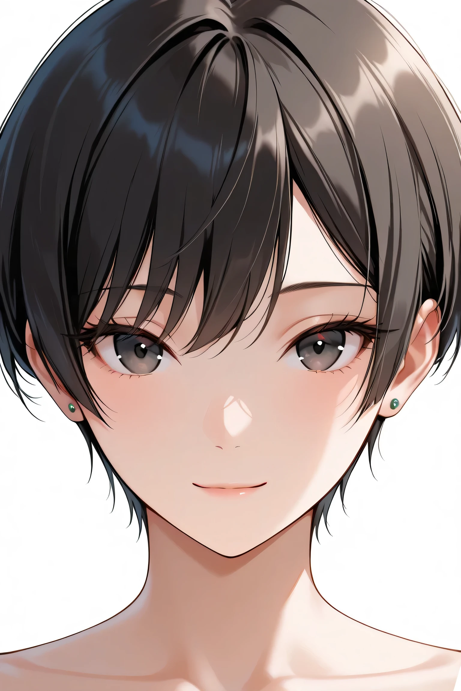 Cute anime-style 1girl, Masterpiece, best quality, ultra-detailed, 8k resolution, face shot, Straight-on, looking at viewer, light smile, short choppy messy pixie cut black hair(0.3), delicate strands, silky smooth hair, glossy highlights, Brilliant skin, Detailed black eyes with intricate irises, large highlights(1.3), Beautiful Eyes, tsurime(0.1), intricate irises, soft eye shading, clear eyes, cool eyes(0.1), refined eye area, Ultra-detailed eye contours, exquisite eyelashes(0.1), Delicate facial features, innocent yet captivating(0.2), stunning clarity(0.2), subtle intensity in gaze(0.2), Alluring mystique(0.2), Calm, boyish beauty(0.3), simple stud earrings, backlight, simple white background,