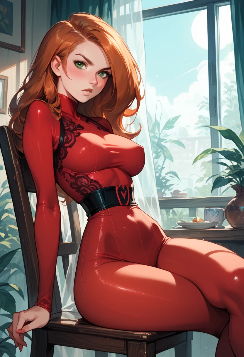 a cute redhead girl, busty, in sexy dress