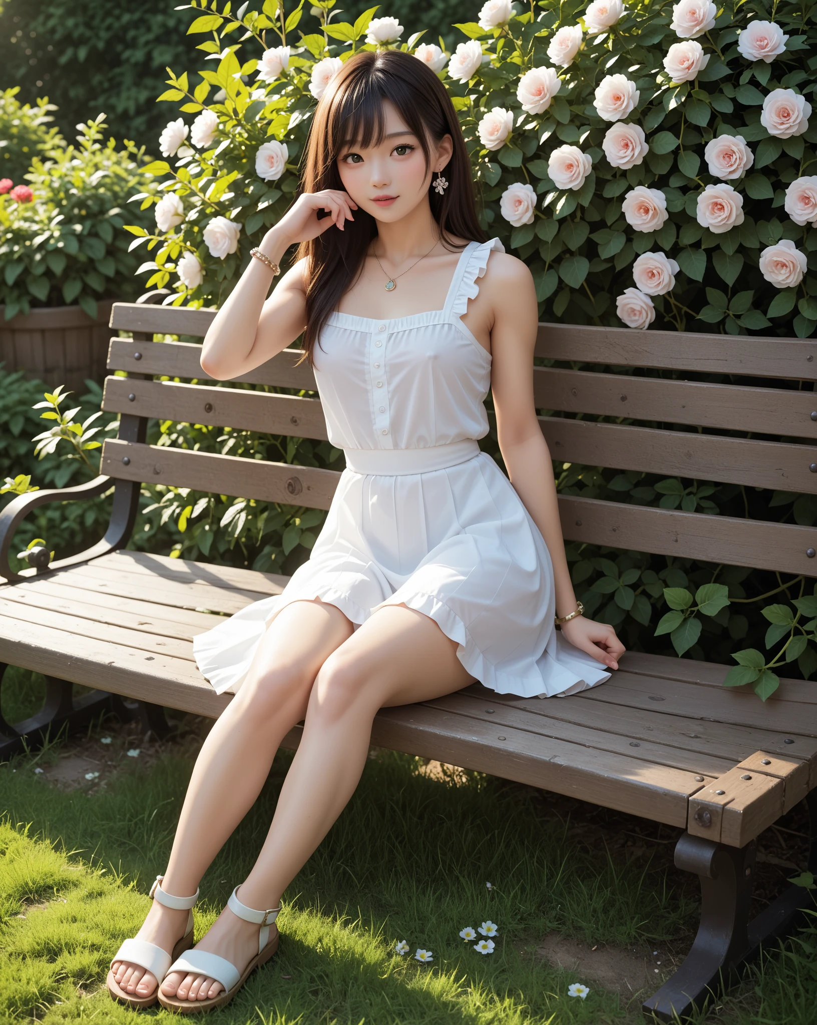Woman in white dress sitting on a bench in front of bushes, wearing white clothes, wearing white skirt, dressed in a beautiful white, very beautiful slim legs, white skirt and barechest, wearing a wet white short dress, Dressed in white, Beautiful slim legs, gorgeous chinese models, Beautiful legs, cute elegant pose, wearing a cute white dress,Real human skin,high-heels,realskin