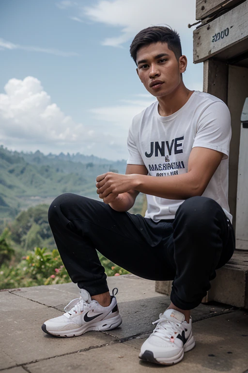 An 18 year old Indonesian teenager, boyfriend bob haircut, wearing a white oversized hoodie and black buggy cargo pants, is sitting in front of an Indonesian-inspired building
