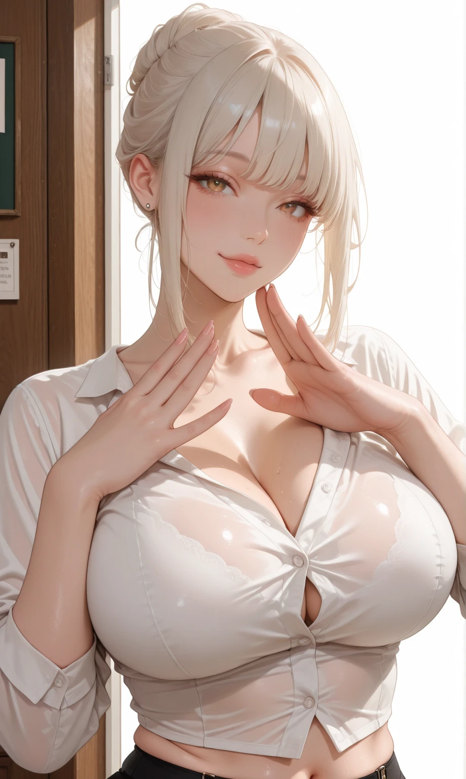 (master piece),(best quality),8K,high details,throw_doorway,1 girl,blush,looking for_in_viewer,cleavage,big_chest、late night、Bedroom、indoor、dark room、moonlight、shadow、(((steam,sweat,Vulgarity)))