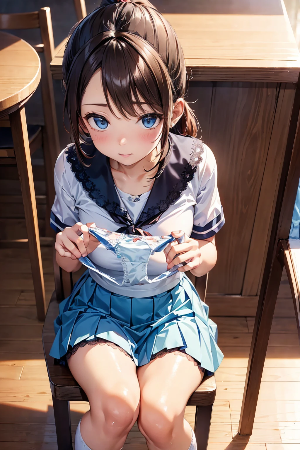 (((masterpiece, Highest quality, High resolution, 超High resolution, Perfect Pixel, Depth of written boundary, 4K, RTTX 10.0))), Beautiful Anime Woman, Beautiful art style, Anime characters, ((Smooth texture, Realistic texture, Anime CG Style)), Exact finger count、Exact number of legs、(Exact number of arms:1.0, Exact number of hands:1.0), (Perfect hands, Perfect ???????), Cinematic, Realistic, Extremely detailed CG, Daytime lighting, Perfect lighting, Best Shadow, The best natural light, whole body, Perfect body, バランのとれたPerfect body, Perfectly balanced style, Slender body, ((Long Hair, bangs, Reddish brown hair, Twin tail hairstyle)), ((A cute adult woman is holding and showing off her light blue lace panties, holding panties, presenting panties:1.8)), ((Sailor suit tops, Sailor collar, White shirt, Navy pleated mini skirt:1.3), (Knee-high socks:1.3):1.3), (Beautiful big , :1), (Embarrassed expression:1.5), blush, (School classroom, Desk and chair in the background:1.3), Angle from the front