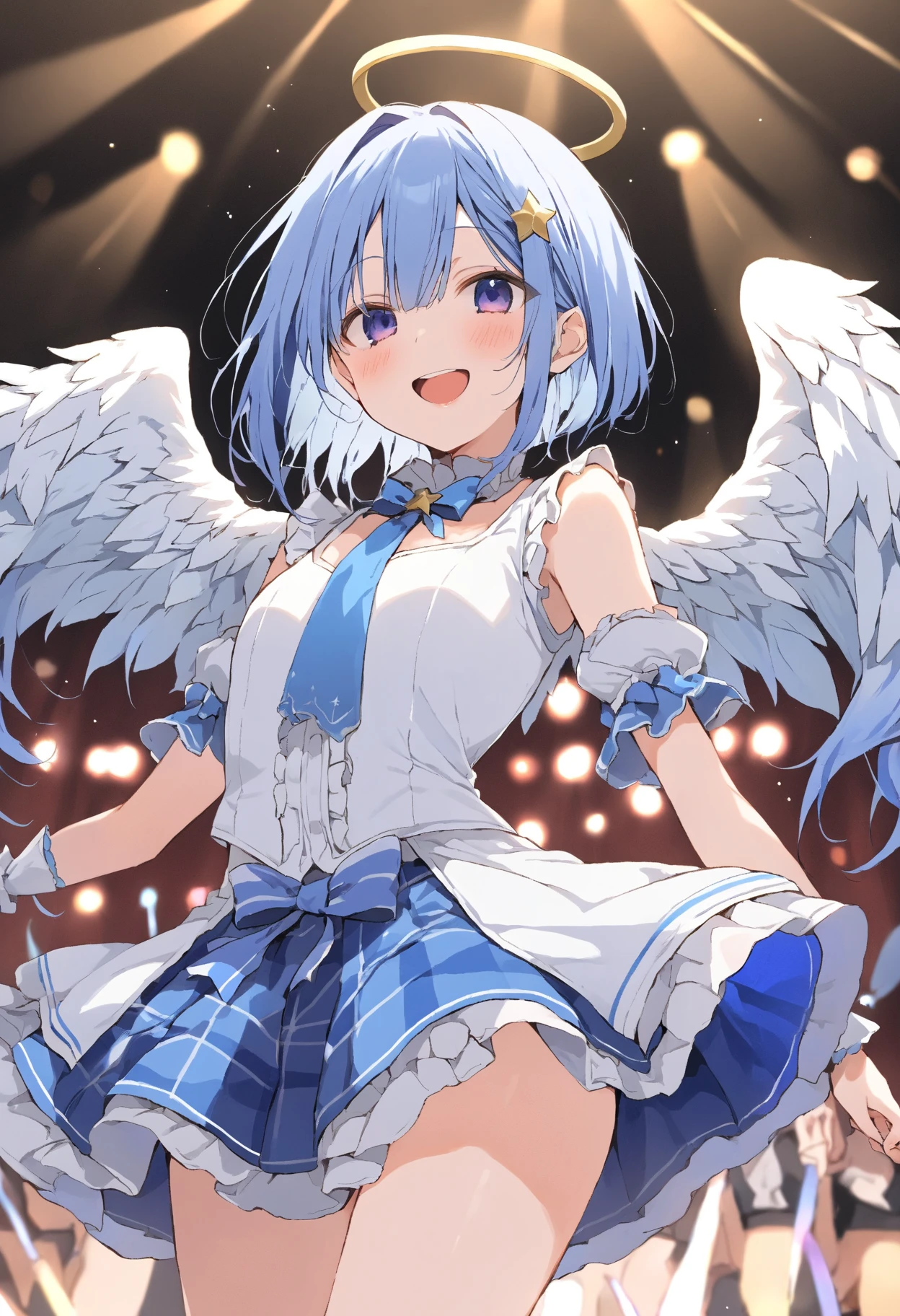 One girl、Blue-based idol costumes、Part of the costume is torn、Standing in the dimly lit wings of the stage、Pussy、Nipples、Blushing、emotionless and dead-eyed、Blue Hair、Small breasts