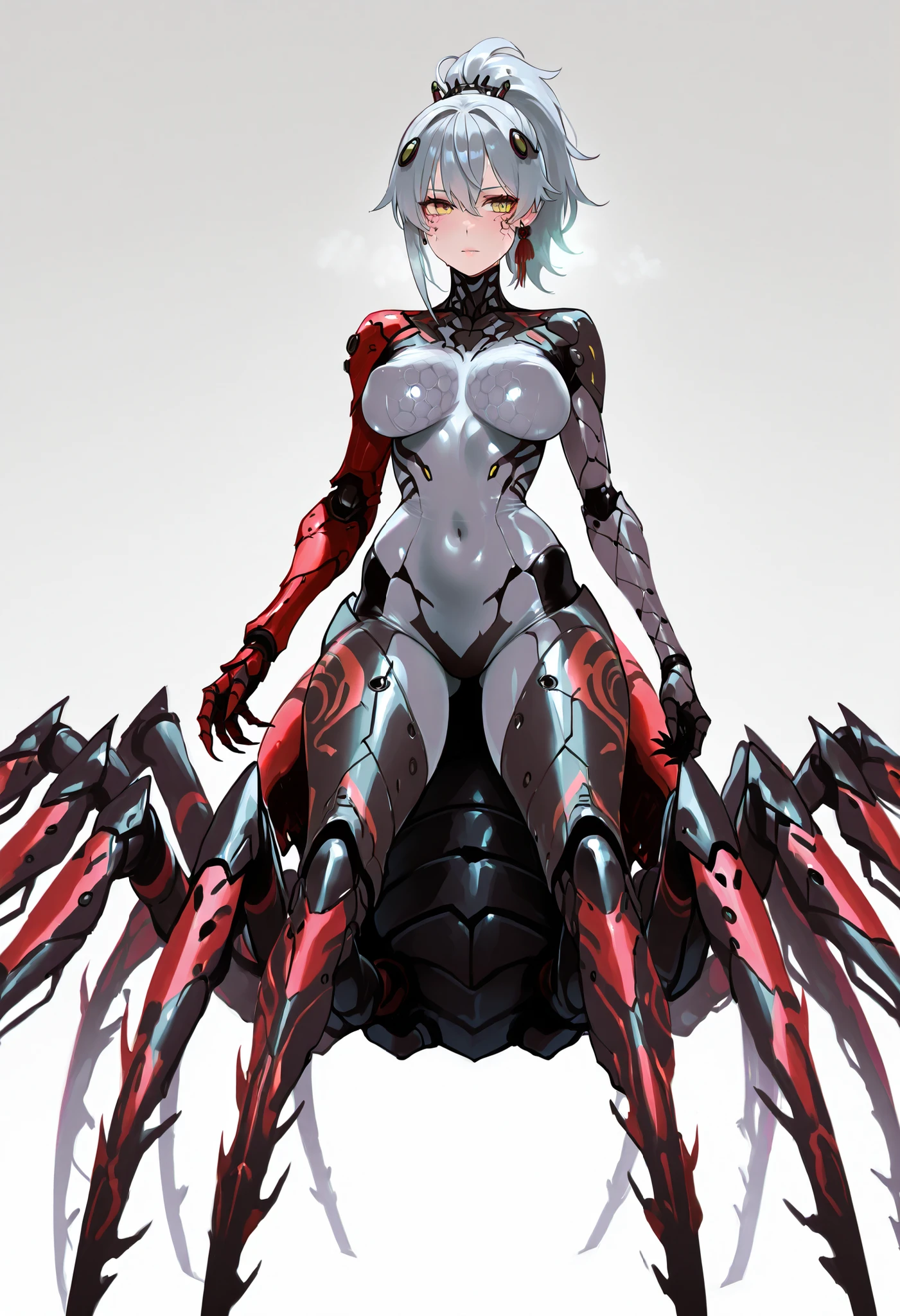 Mechanical Arachne Girl. Grey hair. Ponytail hair. Yellow eyes. Circuit board face tattoo. Mechanical hair accessory. Glossy. Grey bodysuit. Honeycomb pattern bodysuit. Black accents. Perky breasts. Slender waist. Multiple legs. Asymmetrical arms. Sharp claws. Blades with arms. Mechanical insect legs. Black and red machinery.