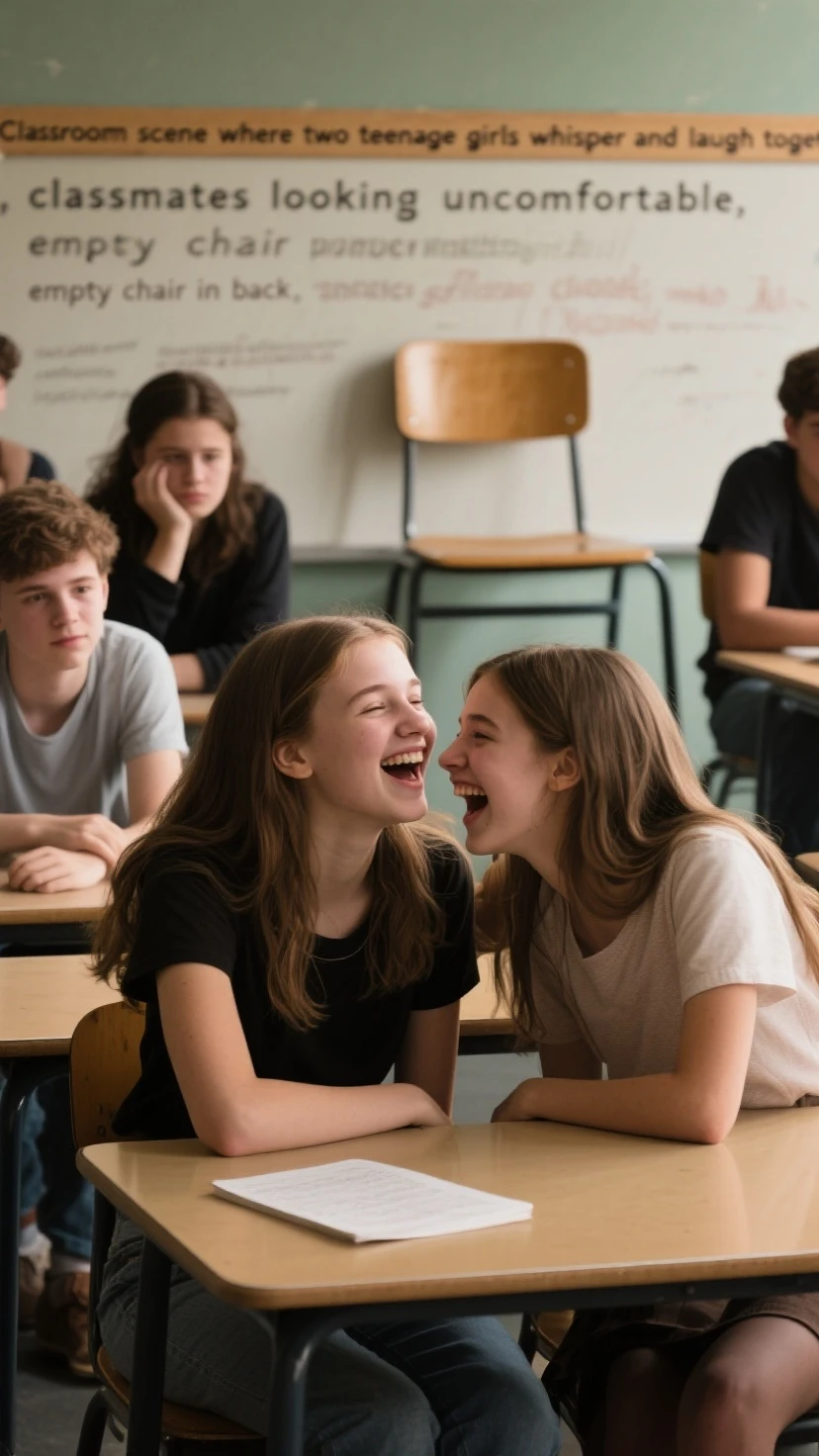 in many college girls and guys laugh in the class, hot girls, pov from side not looking at camera
