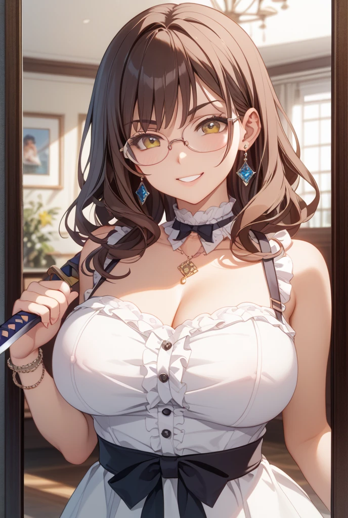 A picture of a female in keeper in a medieval setting behind the counter grinning and leaning on her desk, showing her cleavage.
