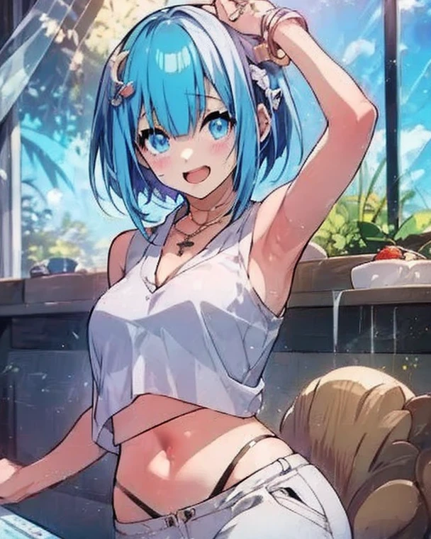 (highest quality)), ((masterpiece)), (family friendly), Perfect Face,Shiny skin,Beautiful breasts,Shiny skin、Kyoto Animation style painting、Short Bob、Cat ear、Double teeth、Sky blue hair color、White tips of hair、Red hairpin on bangs、Golden Eyes、Sunburned skin、night、
、Belly button、cyber punk