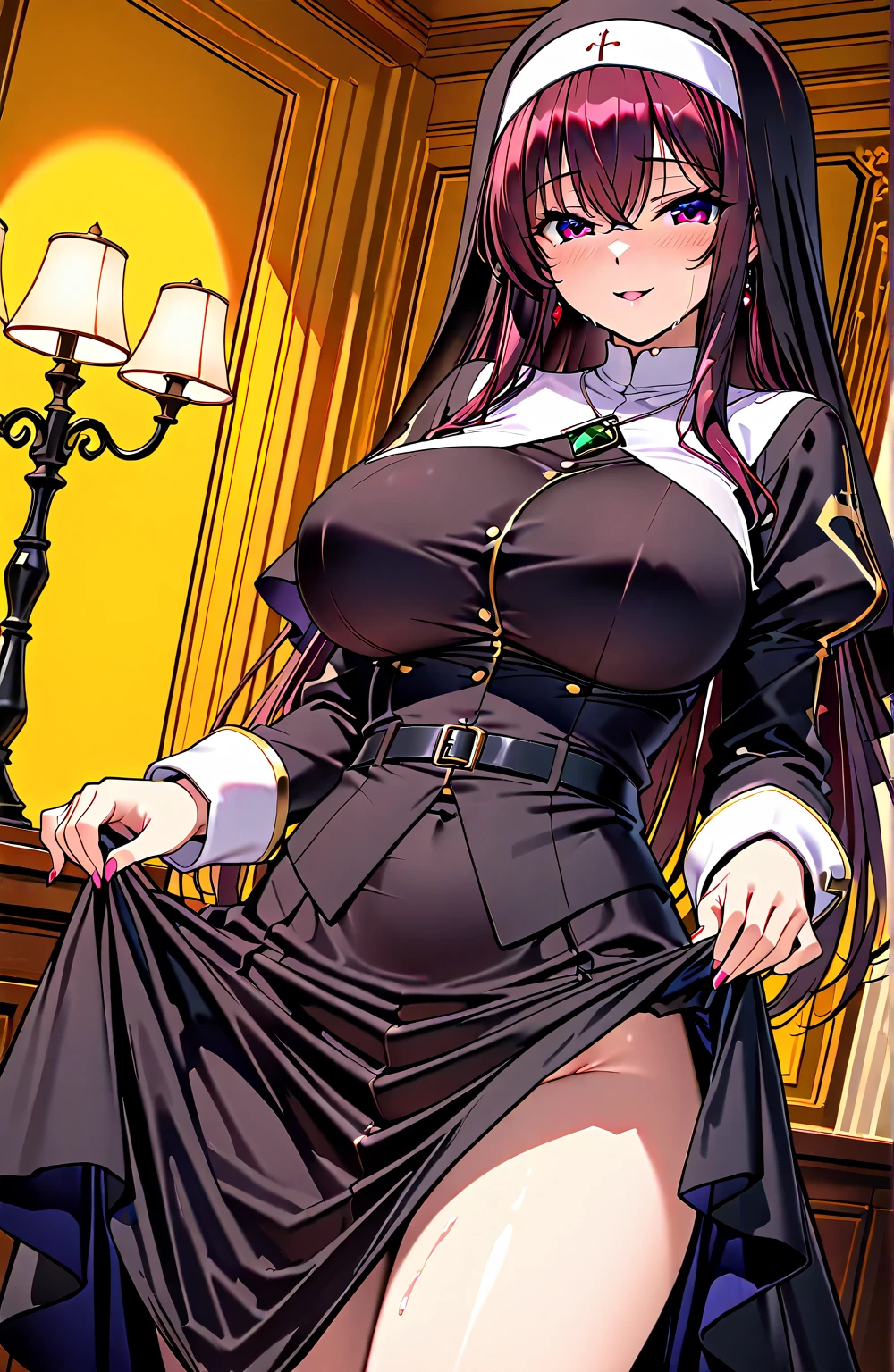 official art, unity 8k wallpaper, ultra detailed, beautiful and aesthetic, High quality, beautiful, masterpiece, best quality, (zentangle, mandala, tangle, entangle:0.6), 1girl, solo, blue butterfly, breasts, veil, nun, butterfly, large breasts, bug, bangs, long hair, long sleeves, dress, black dress, looking at viewer, brown hair, closed mouth, gothic church scene, side lighting, rim lighting, demonic view, indoors, hair between eyes, underboob, sky, window, pillar, pelvic curtain, water splash, wind swept, glitter,ultra sharp