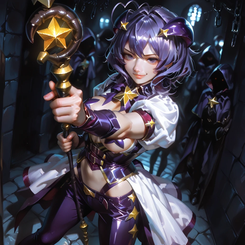 (masterpiece: 1.2, best quality), (1 li, solo), small breasts, (Dynamic posture), (shiny skin, purple skin), demon girl, purple skin thin and lacy gloves, (small demonic horns:1.1), (Lilith\(Darkstalkers\)), (heaven), fringe, (jewelry, golden ornament:1.15), large pelvis, blue (pantyhose:1.1) --auto --s2