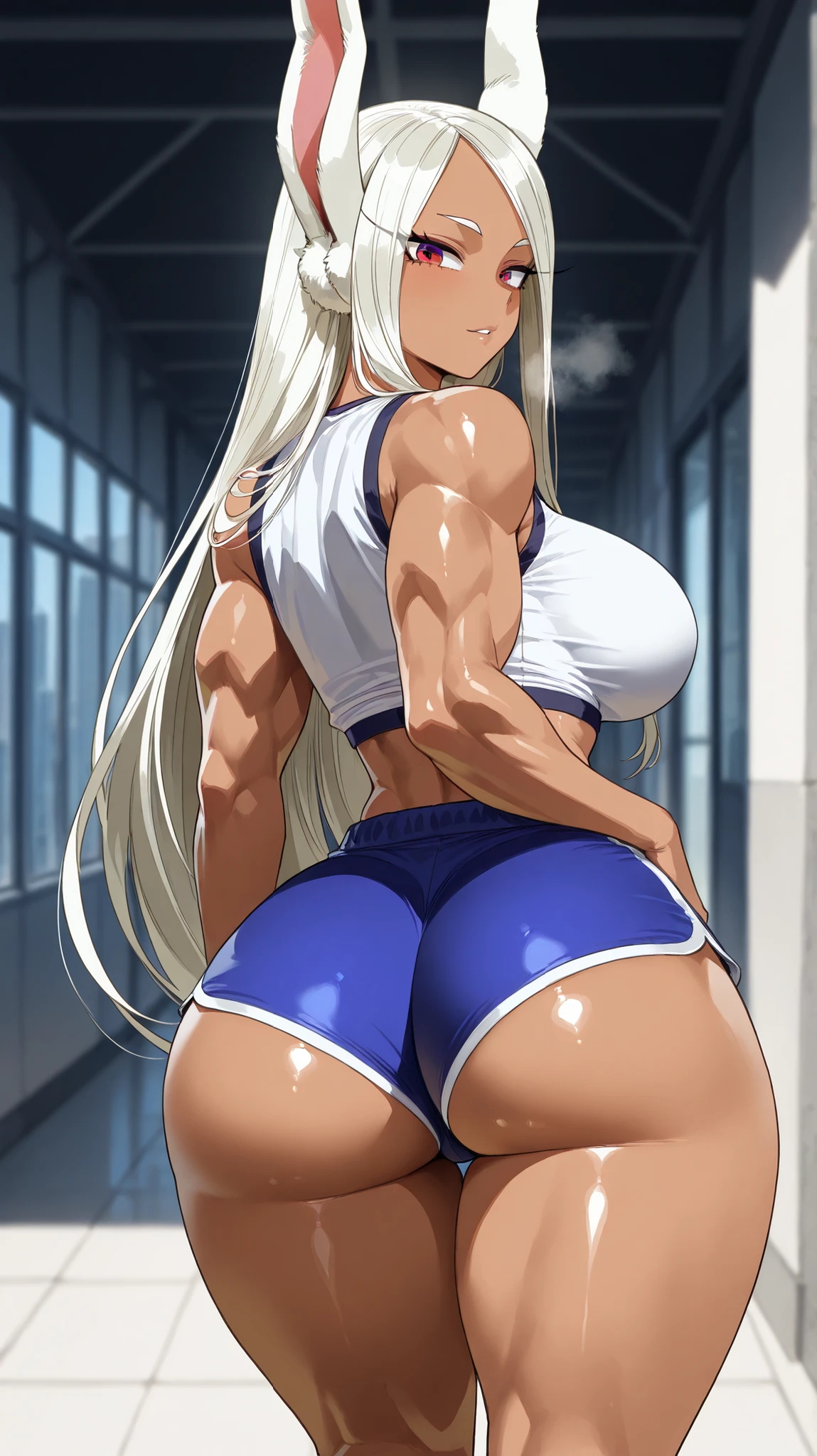 blonde wavy hair、cute anime face、thick thighs、8K、4k、highest quality、(High resolution:1.6)、noise reduction、((glowing green eyes、high detail eyes:1.5、Sweat、blush、open your mouth))、(SFW huge body:1.3)、(white calvin klein thong、high leg cut)、(sexy back view、arched back、A song that bites into your butt:1.5、emphasize the buttocks)、(whole body muscles:1.5)