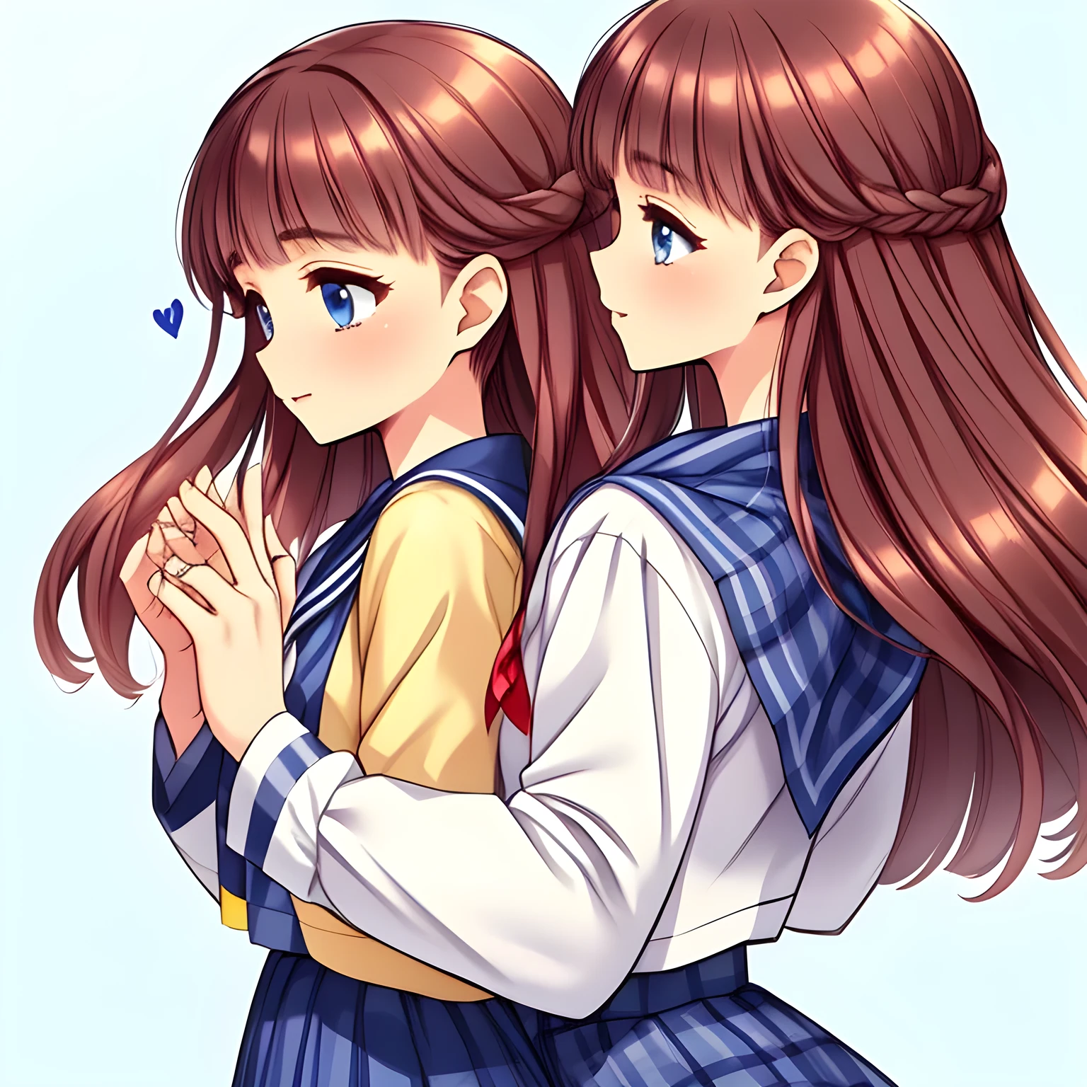 (highest quality, masterpiece:1.5), highest quality, High resolution, 1080p, 8K, (Too beautiful, neatest ((beautifully grown and Evolved with grace)) Mai Sakuragi, Girl's love-story comic heroine, ((Too much beloved)) noble grown beautiful beautiful lady with detailed, 165cm height, ((svelte silhouette)), Cloistered beauty, The daily vibrant journey to a prim-and-proper ladies' college, Demure atmosphere, controlling my mind and heart by her charm and uniform and skirt, understands my deep hidden desire very well with her profound intelligence, giving too much pleasure to my sensitive one covered with beautiful hands and fingers: 1.4), (laughing white face with unreal angelic beauty, overflowing with translucence: 1.0), (Pristine uniform, (Neatest (navy colored) sailor-style uniform and ((navy middle length plaid skirt)), navy sailor collar, shiny-blue sailor scarf: 1.8)), (Too beautiful dreamy eyes and neatness charm me), long eyelashes, (plain dark-blue background with many white lovely marks, clearly detailed foreground: 1.9), ((purity and neatness is very impressing): 1.8), (focus on her long hair and neat style, from side: 1.9), (Beautiful blue eyes), (shiny brown super-long wavy hair, braids-half-up), (golden ear accessories and pendant), (Diamond rings)