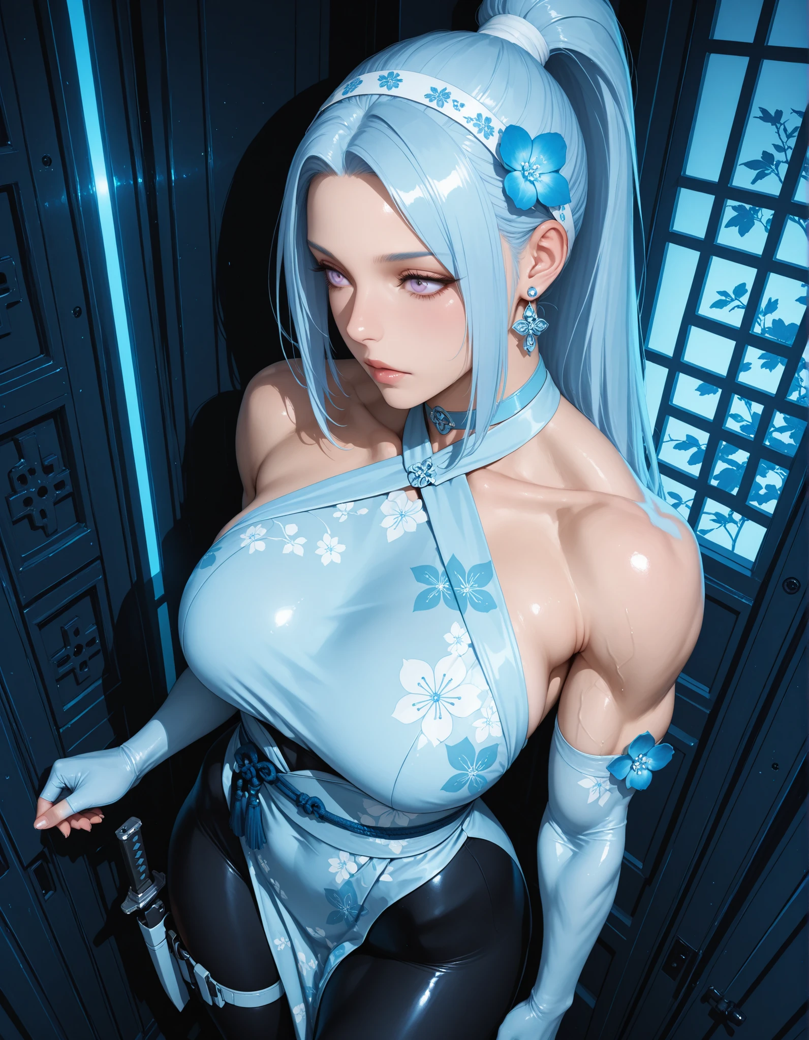 Laquadia, Blue Lips,Big Breasts,jewelry,Gray Hair、Long Hair、High resolution、high quality、Long gloves、Blue swimsuit、青いLong gloves、超High resolution, (Film Grain: 1.4)、very, very big breasts、Troubled face、Nipple Pochi、horn、Erect nipples、Breast milk