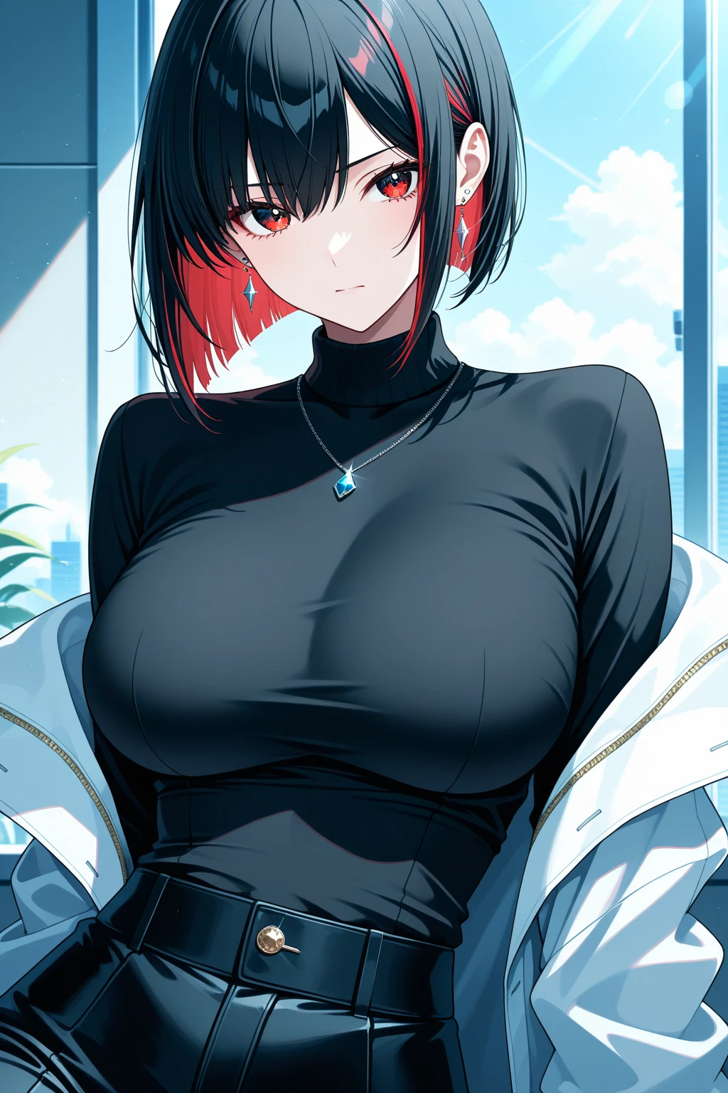 1 Female,High definition,high resolution,Ultra-realistic,8K, aaserena, yellow ponytail, ((multicolored hair)), red jacket, black shirt, belt, white skirt, tight skirt, miniskirt ,jewelry,European,sexy,Upper body close-up,Photographed from the front,Dynamic Angles,blush, medium tits, happy, wink the eye,facial, sweat,multicolored hair ,(wide thighs:1.4),(black panties),(show panties), sitting,arms over knees 