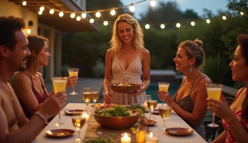 Real women, she is Blonde with short hair, she has an hourglass figure, she has a surreal, hentai-like physique, with exaggerated curves that showcase large buttocks and voluminous breasts. 


in a convivial atmosphere, such as an evening with friends or a casual dinner party
dressed in a light, flowing dress that flatters her figure, with colorful motifs that evoke the warmth of summer
she enters the room carrying a wooden tray filled with a variety of cheeses: creamy brie, mature comté, piquant roquefort, and slices of crusty baguette
her smile is radiant, lighting up her face as she proudly presents the tray
her hair falls in soft waves around her shoulders, adding to her natural charm
she attracts the attention of her friends, who turn to her with curiosity and appetite, ready to taste