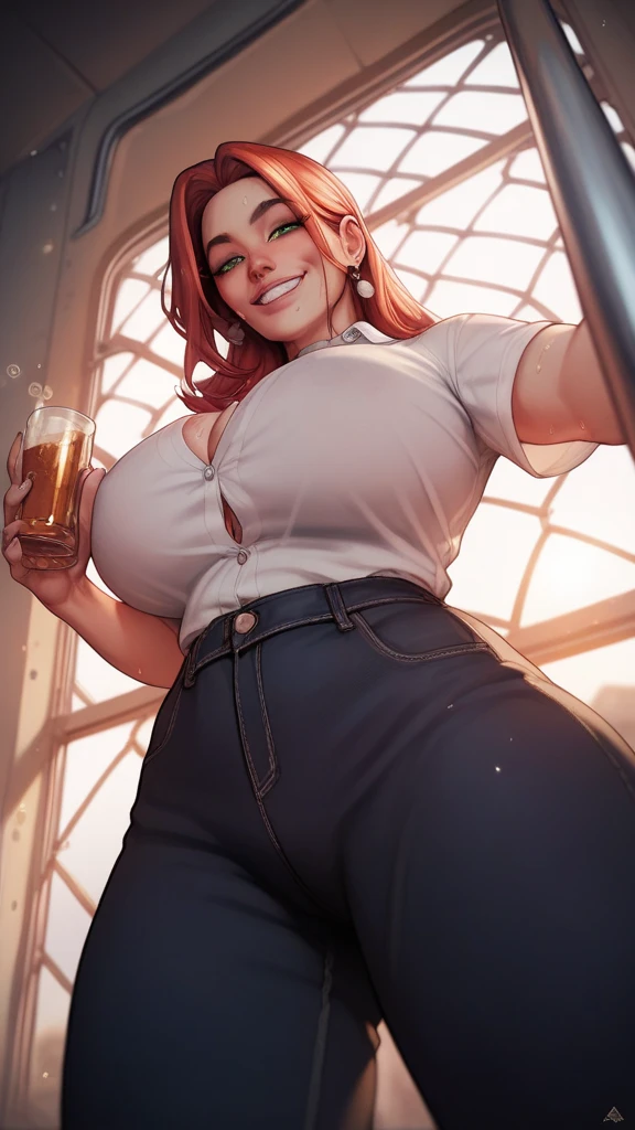 masterpiece, best quality, 1girl, portrait, 45 year old woman, shoulder-length brown hair with some curly, blue eyes, medium breasts, fat, chubby, round belly, plump body, wide hips, thick thighs, cleavage, ((Wearing: Orange Gym V-neck shirt, Black shiny leggings and heels)), smile, standing, looking at viewer with a gleeful expression, holding a wine glass filled with yellow liquid, (Background: Outdoors, wooden balcony, sunny day)
