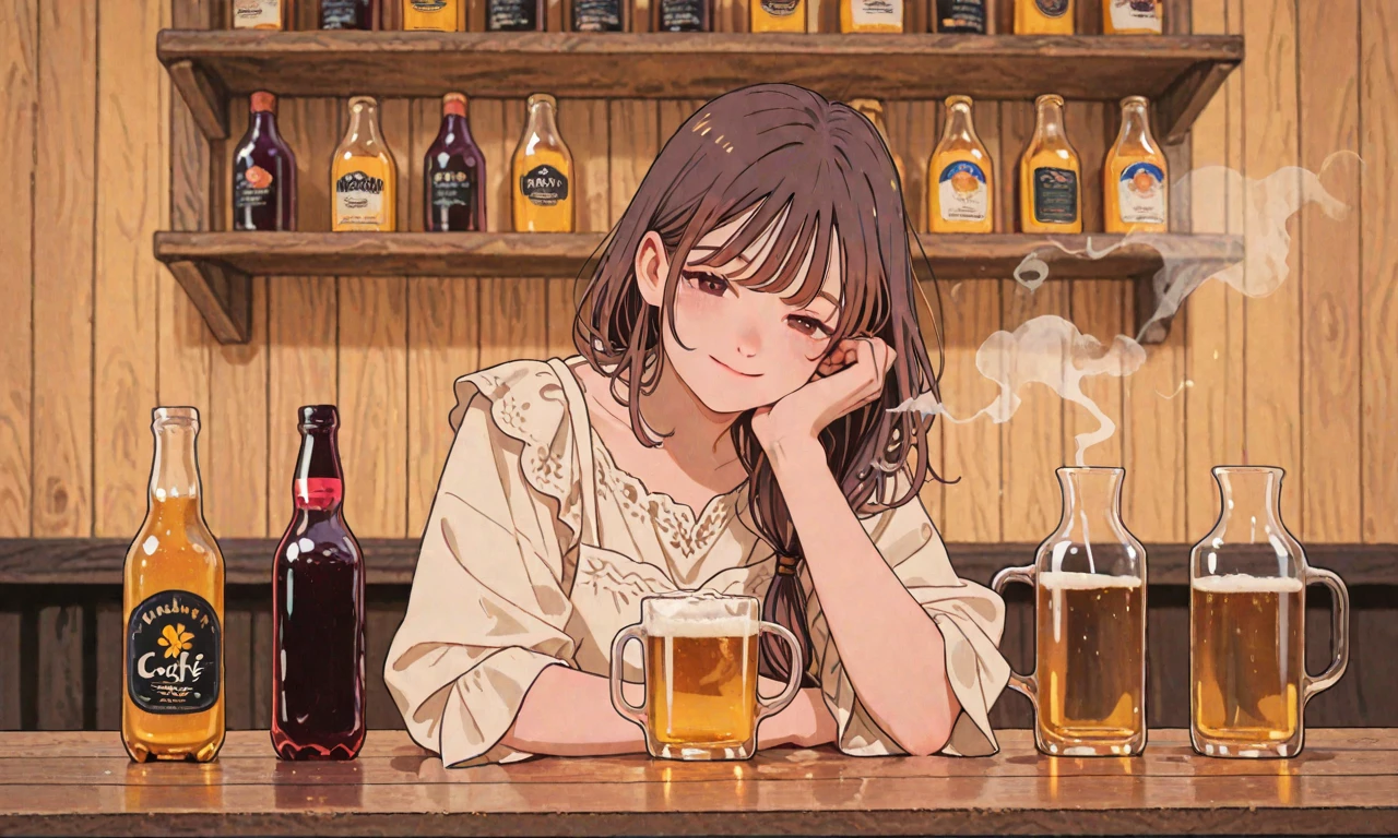 Illustration drawn in 80's cartoon style. It depicts one young woman with short dark red hair. The scene is a bar with an adult atmosphere. The woman exudes a cool and somewhat nostalgic atmosphere. She has a relaxed expression on her face and is sitting on a chair, holding a glass. The background is painted in soft, soothing tones, further emphasizing the chill, contemplative atmosphere.