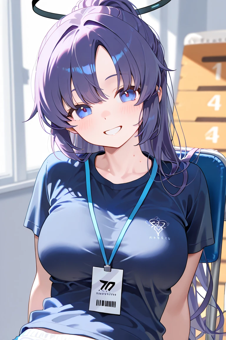 1girl, bunny ears, rabbit ears, very short hair, pixie cut, blue hair, purple eyes, light smile, fang, ((fang)), large breasts, thick thighs, gym uniform, shirt, white shirt, short pants, blue shorts, standing, toned, arms down, hands down, stadium