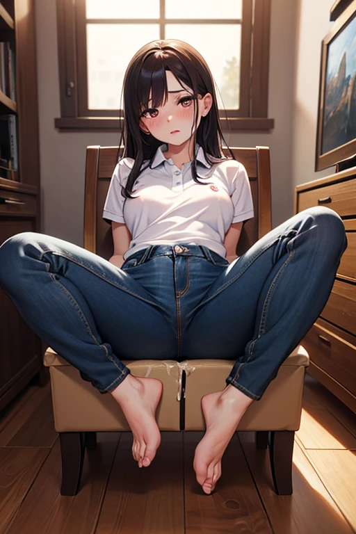 small breasted, naked woman sitting on desk, legs spread, embarrassed, blushing