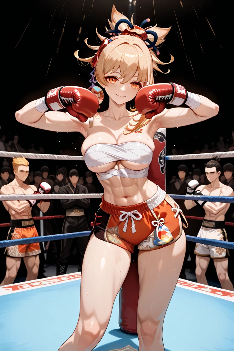 high quality,girl(28 years old),White straight hair,Red Eyes,shy,blush,Wearing a bikini,Black stockings,Wearing boxing gloves,Cleavage,Camel toe,Long legs,Thin waist,Vest line,Absolute Domain,Sitting in the boxing ring with legs spread