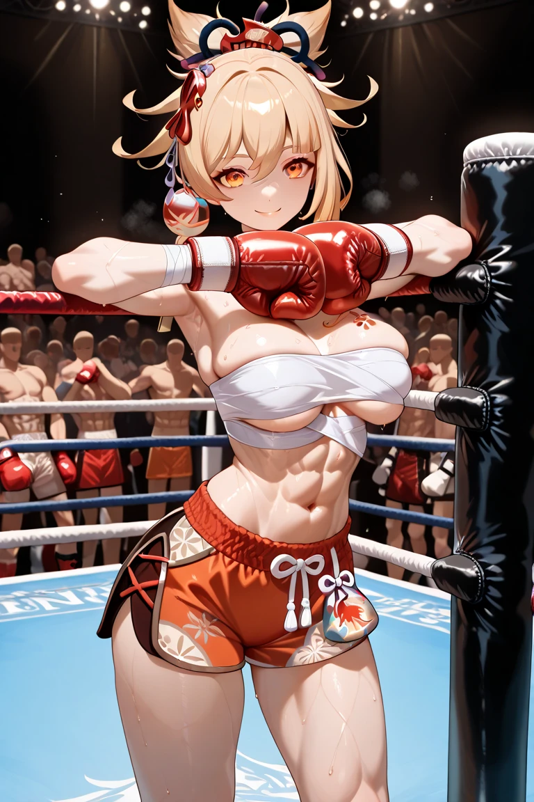 (masterpiece),(ultra-detailed), (high quality), (high resolution), (best quality:1.5, highres, UHD), highres, absurdo, ultra detail, ultra quality, Ultra resolution, 16k, ((2heads:1.5)), 1girl, anime girl with two heads, 1girl, blonde hair, brown eyes, red tank top, black short pants, boxing gloves, punching a punching bag, gym, (boxing match:1.5), audience spectators