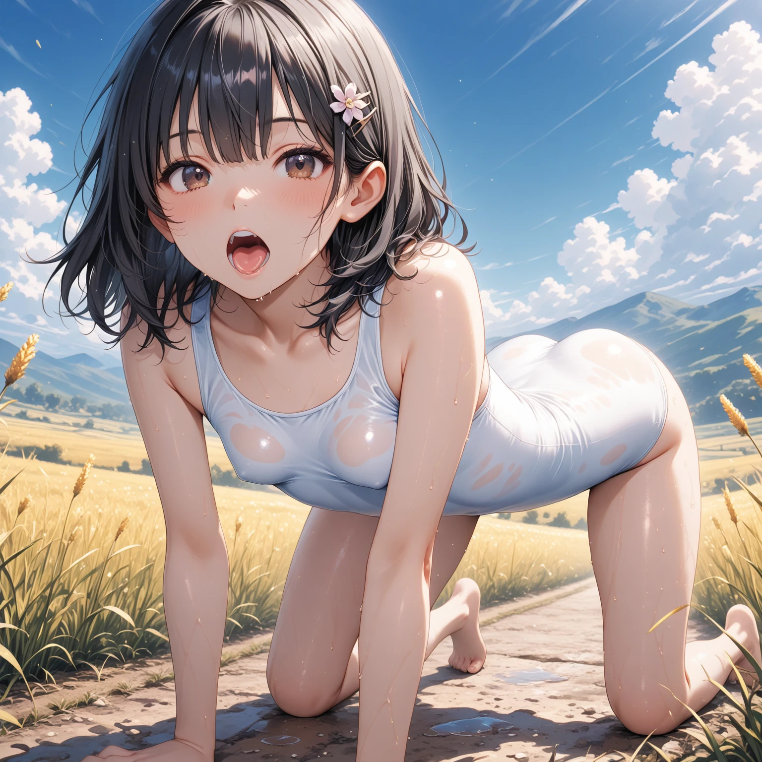 ((Top Quality)), ((Excellent)), (Details),,((Japanese)),10 years old, Black Hair,(Childish face),((Straight Hair)), shiny hair, a Girl ,Medium Breasts, ((Blue Eyes)),masterpiece, shy-smile, ultra realistic, 32k, extremely detailed CG unity 8k wallpaper,((from_behind)), ((Full body shot)) , Sunset,best quality, Silhouette-Lighting, solo, Straight Hair, blunt bangs, ((Nude)), ((topless)) , outdoors, ((Salar de Uyuni)), lake, 1girl, , cate , stunning environment ,vibrant colors ,((Nude)), ((topless)) , ((Salar de Uyuni)),