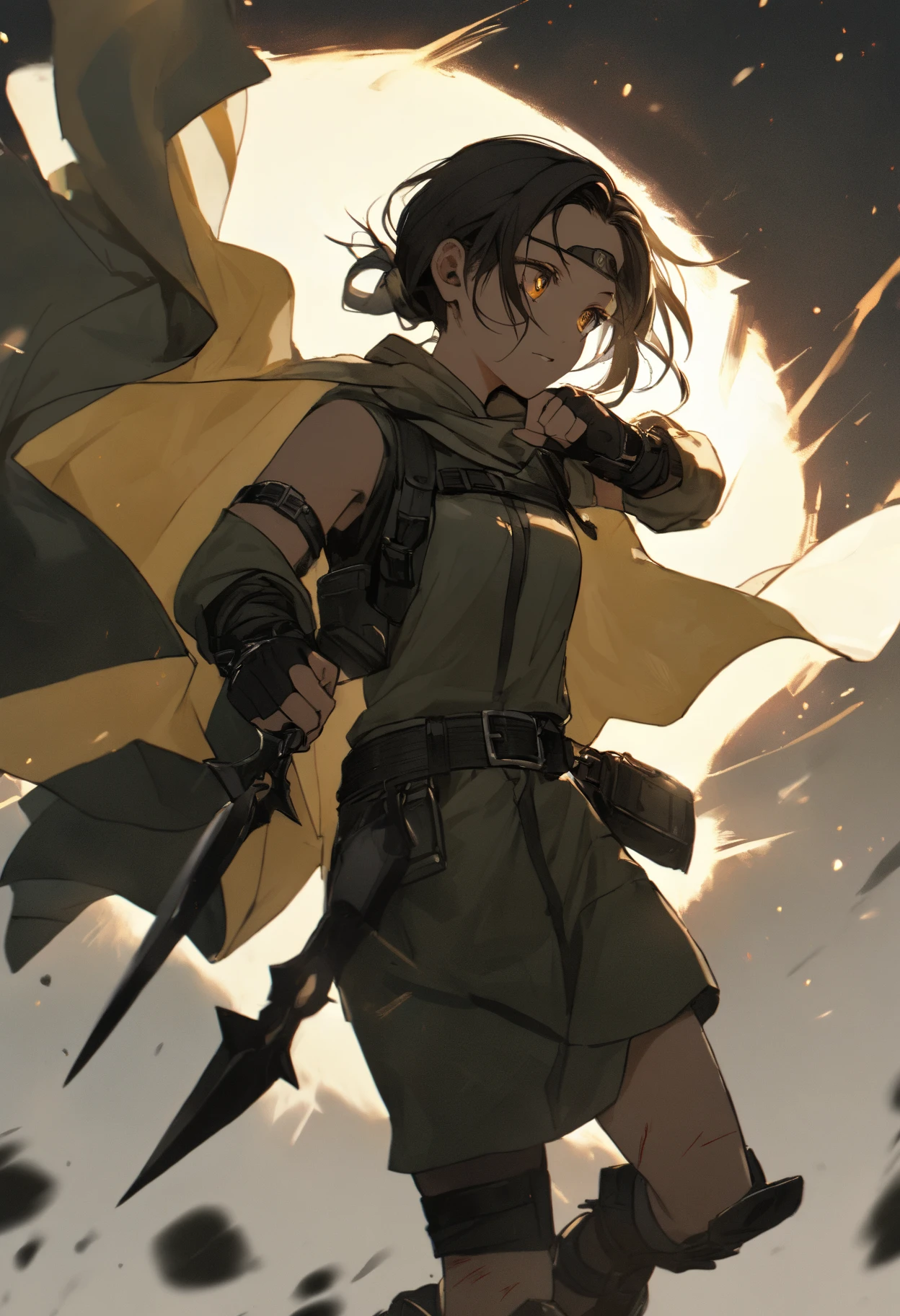 Masterpiece, High quality, anime lineart, 1man, fluffy brown hair, slightly female face, gray-green-brown eyes, black Shorts, A muscular body, a wheel of dharmas above his head, a spear in his hands