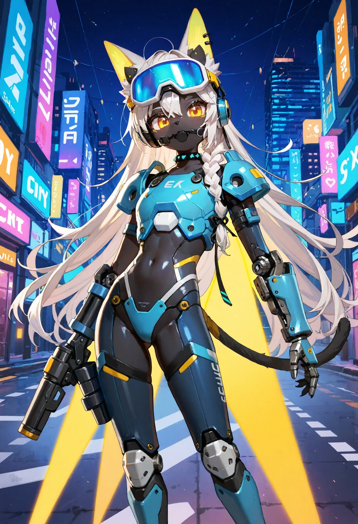 Highest Quality, Detailed depiction of the eyes, one female, younger, slender body, foxy , grayish white hair , long hair, one side braid grated , Big cat eyes, chrome yellow color eyes, cyber punk, iron blue mechanical arm guards , iron blue mechanical leg guards , Black body armor , Expose Shoulder , Expose thighs , mechanical headset, Black Ribbon Choker , neon city ,