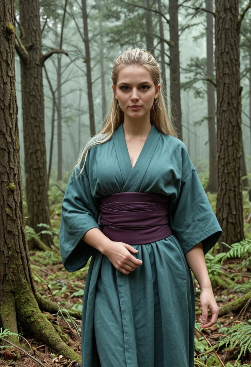 photorealistic, masterpiece, photorealistic, high resolution, soft light, hips up, blue eyes, ginger hair, long hair, Intricate details EABA, cloaks, kunais, Ninja, Armor, warrior, samurai helmet, Kushina Uzumaki, Konoha forest