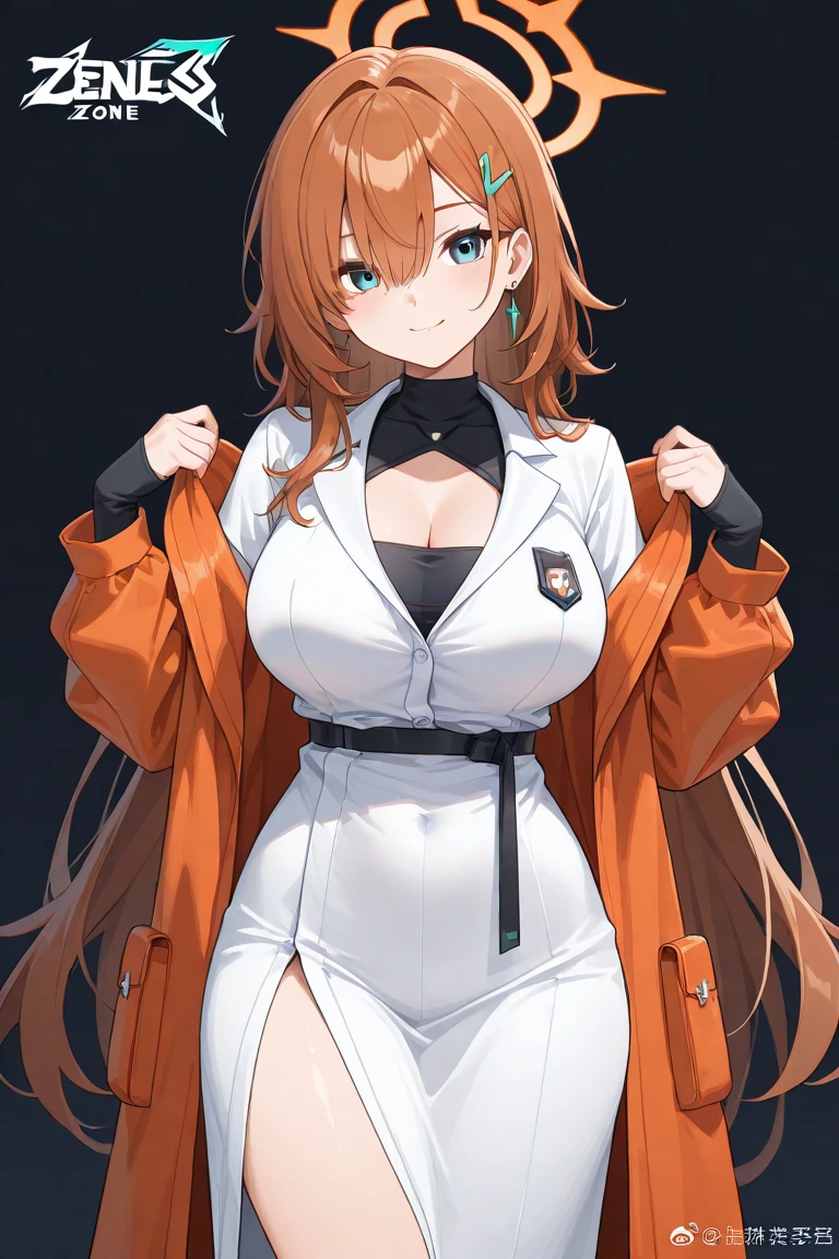 (((Masterpiece, ultra-high definition, ultra-high quality 8K quality))), Anime, a beautiful girl, small and cute face, slender and well-proportioned body, (((silver short hair, lightly wavy hair))), (((clear and beautiful red eyes, eyes with highlights, very long eyelashes))), cute smile, (((very large breasts, a slim waist, a sexy butt))), (((orange colored tube top))), (((Orange colored thong))), (((white colored short-sleeved and Short Length Jacket))), (((super white colored micro mini skirt))), big and cute earrings, stylish necklace, bangle, ring, stylish fashion town background