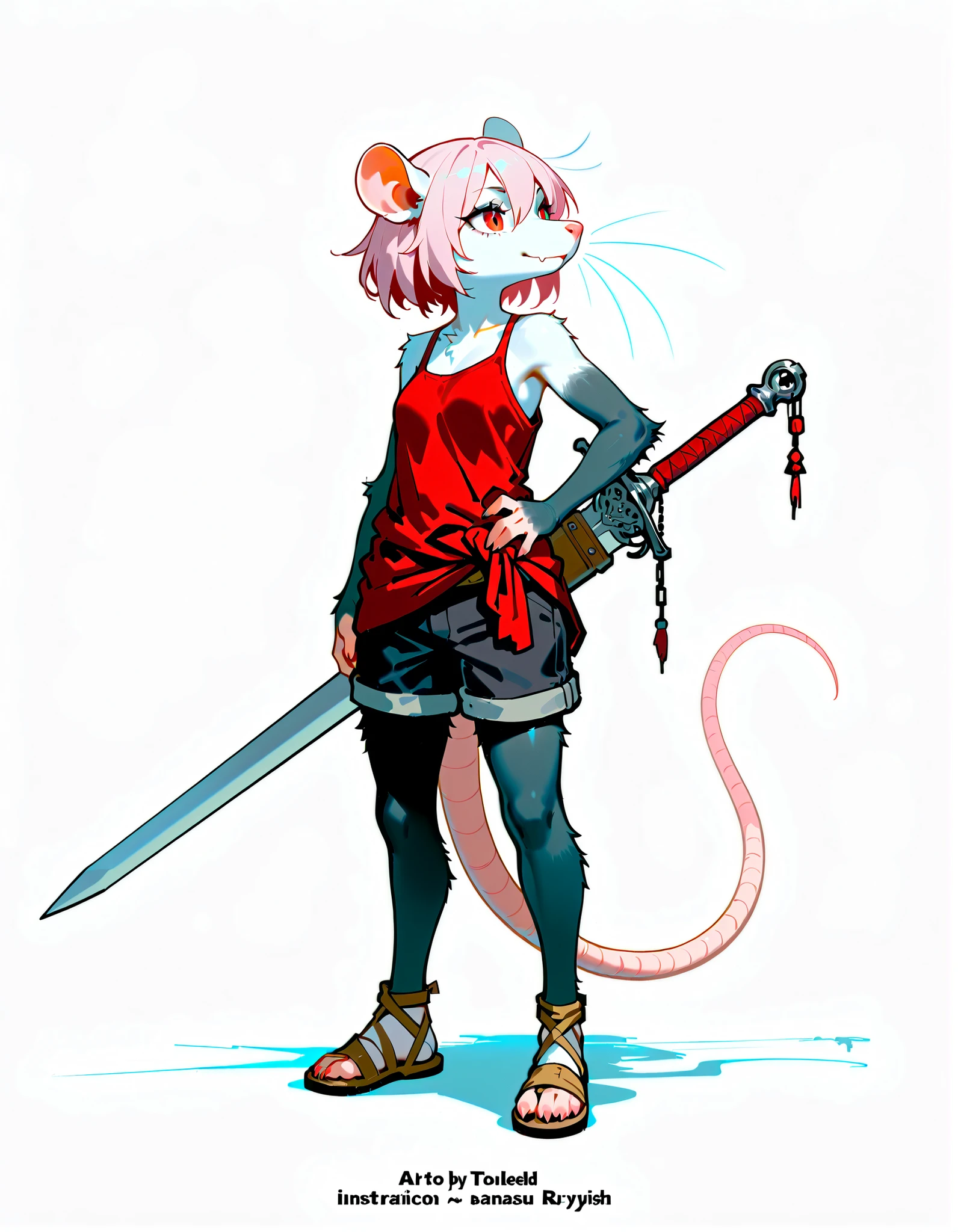 (((masterpiece))), (((Best Quality))), ((Ultra-detailed)), (anime Illustration), ((extremely delicate and beautiful)),solo, Full body, fantasy albino wererat girl, Fluffy Fur, furry, short pale pink hair, red eyes, rat head, rat ear, rat tail, ((ragged red tank top and black short pants, sandals, Resilient, sporty and boyish)), (folded arm) (she carries a belted sword on her back mount),(small figure) (shorty), full body standing, Whole body, (((white background)))