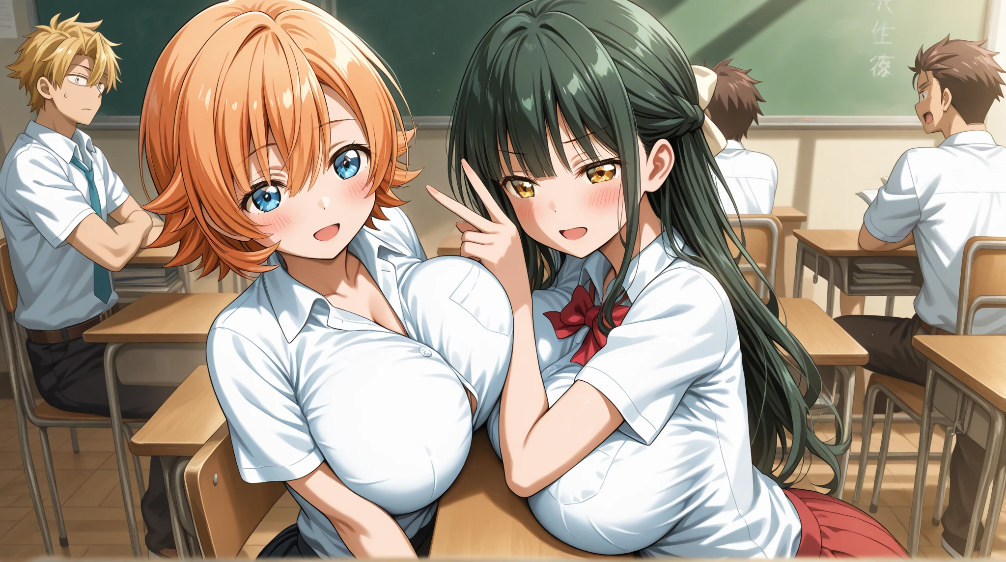 2girl, 1boy, penis, paizuri, pov, from above, school uniform, cleavage, unbuttoned clothes, bra, in the classroom, penis between the breasts, wet penis, :D, smile, pubic hair, assisted