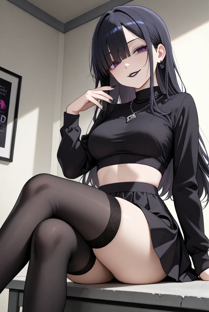 1girll, 独奏,black uniforms,Black wrinkled skirt,Wear yours with black sheer pantyhose,glasses on head,nabel,trouser,a purple eye,Sateen,Black pants,looking at viewert,exposed bare shoulders,hason,hason,Purple colored hair,parted lip,choker necklace,cropped shoulders,a black choker,Tattooed with,underdressing,pantiess,sitted,black crop top,mediuml breasts,Cross halterneck,halter neck,The shirt,white shirt,long whitr hair,high legs,Black panty,star-kafka,,shiny,Glossy glossy skin,a matural female
