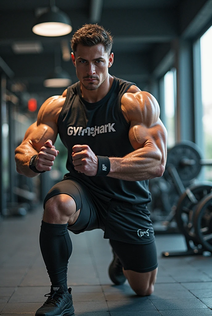 In 2685 Rustic gym with worn-out equipment, Rex lifting heavy weights, and an intense atmosphere