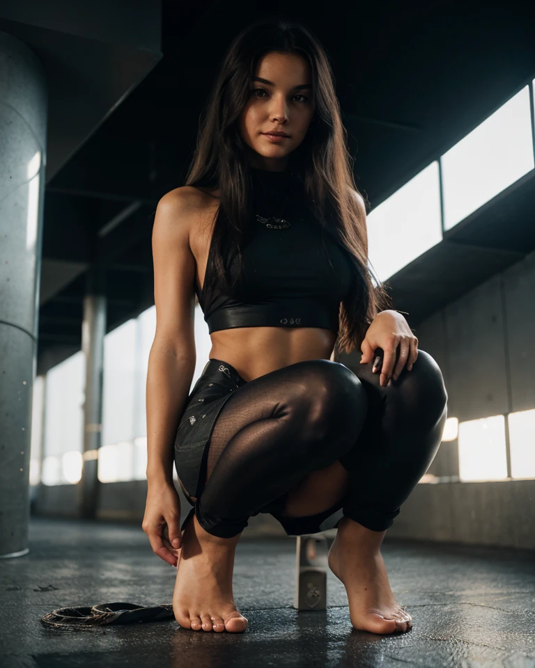 Lara croft ,Full body photo,gtscity,skyscraper, giga gigantess (Long legs:1.2), Extremely tall girl,Beautiful looks,No branding,Perfect lighting,Cinematic quality, 8K, High quality, (GTS:1.5), down view, building seat, belly,