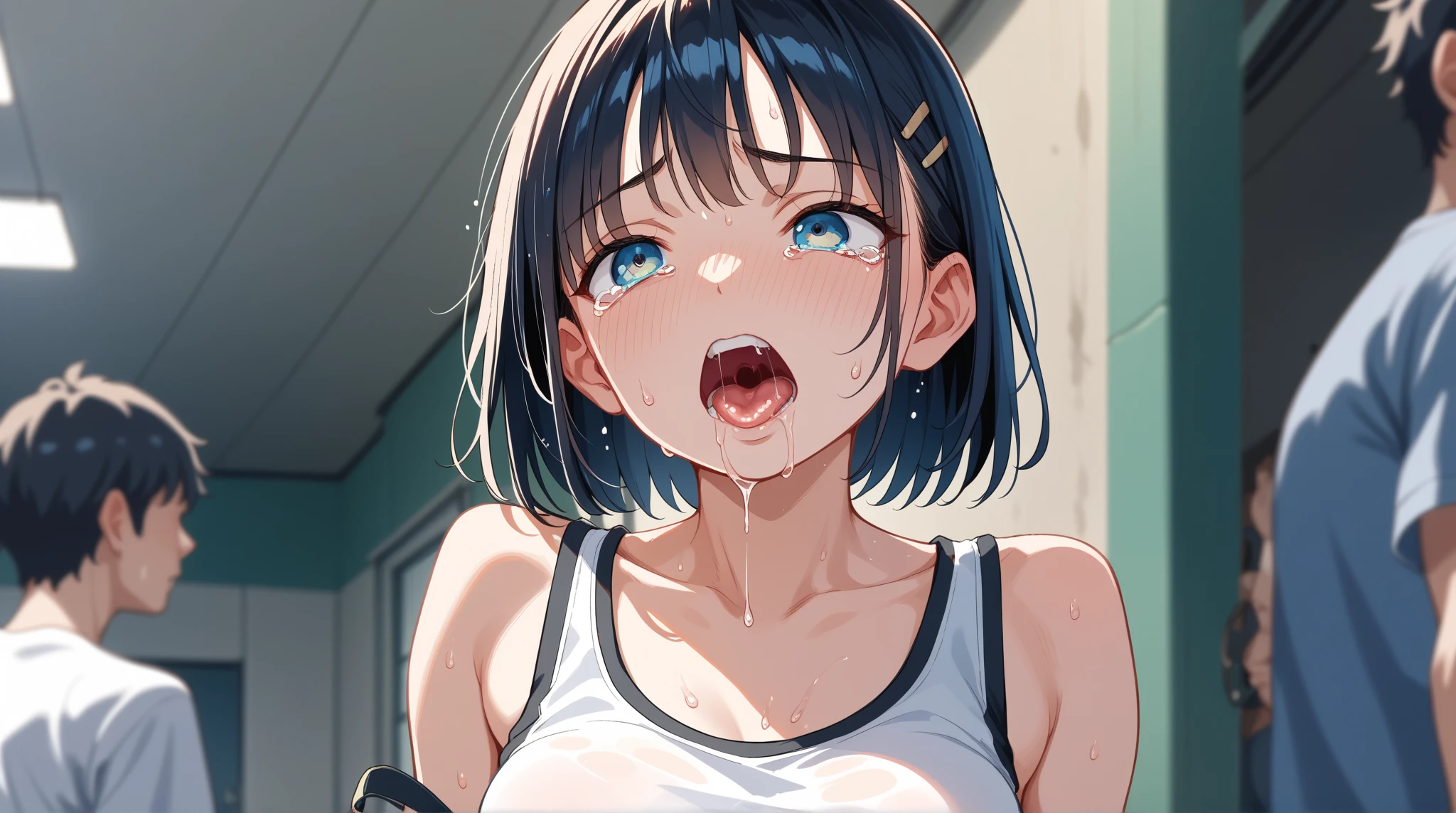 One Girl,alone,retina,masterpiece, Awards, high quality, High resolution, High resolution, 4K,8k,high quality, Gal,breast focus,(Super big breasts:1.9),A faint smile,Oily skin,Underside of the chest,(色白Gal:1.9),(short hair:1.5),White clothes,Baby Face,(Low length,small:1.4),(Half-open eyes:1.7),(grinning eyes:1.6),(Half-open eyes:1.5),(Semen Bridge:1.7),Strading,(Nipples:1.6),(Public toilets:1.9),blonde,(Tank top:1.8),garter belt,Knee-high tights,(ピンクのNipples:1.8),(plump:1.6),(pov penis:1.9),(hyper huge breasts:1.9),