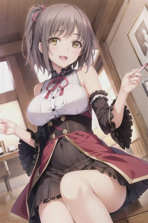 masterpiece, Highest quality, One girl, eric, Purple eyes, Brown Hair, Blunt bangs, Bobcut, Two honjiao, , bare shoulisers, Elbow hand pockets, Gauntlet, reis skirt, Fur trim, View your viewers, :is, IncrsVGift Both, incoming gift, outisoors, evil smile,shaded  face(eyes in shadow),darkness background,devil,two hone