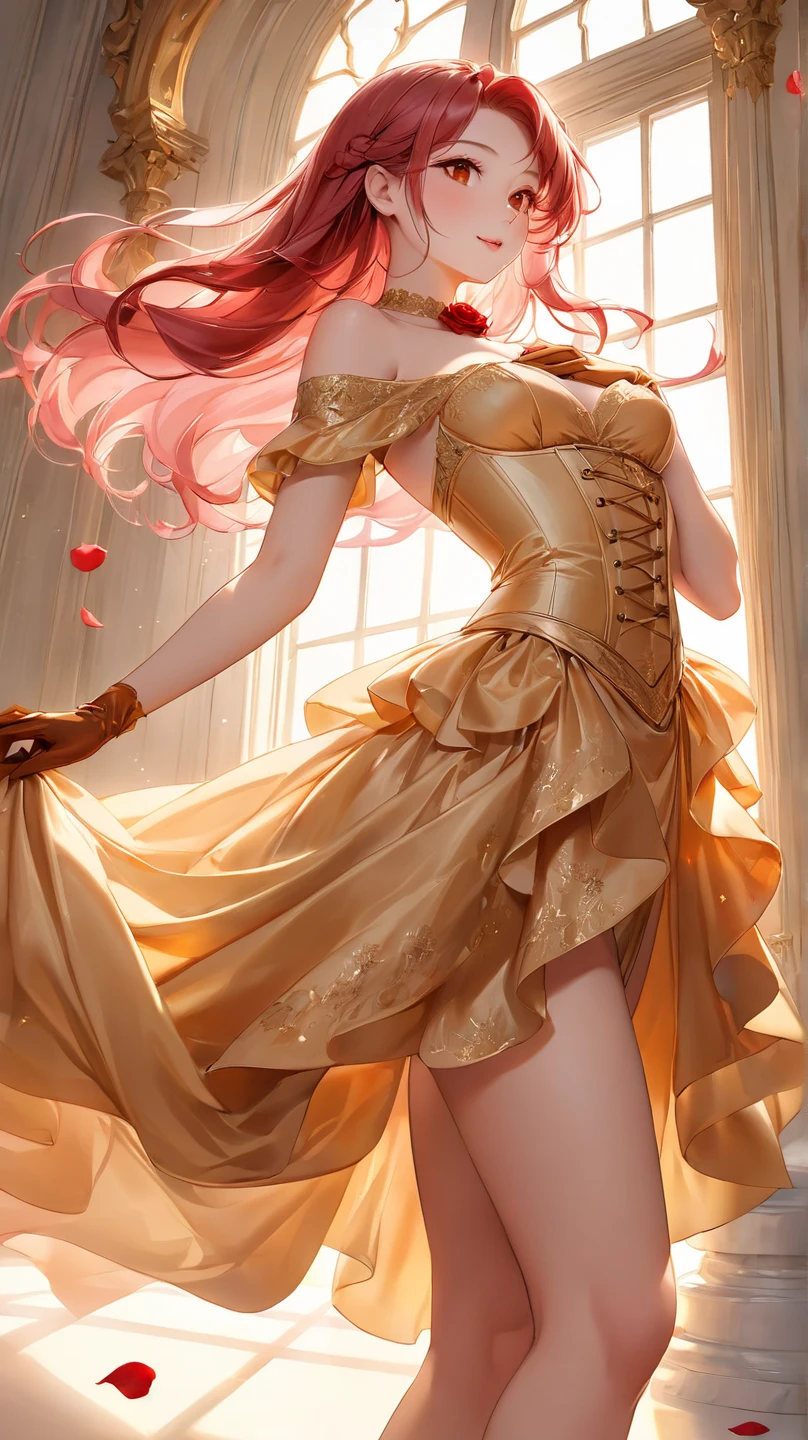 (masterpiece:1.3) (absurdres:1.3) (best quality:1.3) (ultra-detailed:1.3)
(slender:1.3) (thin:1.2) (skinny:1.1)
(very_long_caramel_blonde_hair:1.3) freckles (very_long side_ponytail, twintails, ponytail)
from above, from below, from side (looking at viewer:1.2) (parted lips:1.1)
(beautiful princess dancing in a fairytale forest:1.2)
(red dress:1.1) (pink elbow_gloves) (gold high_heels:1.3) (jewelry, silver heart_necklace, blue earrings, white tiara)
<lora:GIRL Sara James:1>