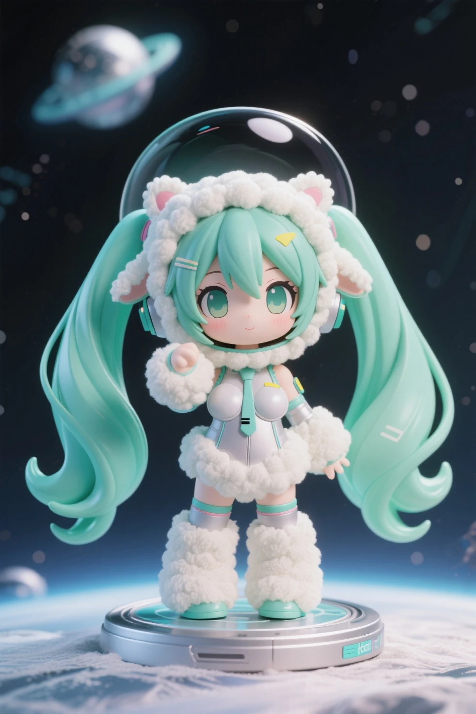 (masterpiece)、(top-quality)、(ultra-detailliert)、(full body Esbian)、(Anatomically correct)、(beautifull detailed face)、(beatiful detailed eyes)、 女の子1人、Three-headed body、Chibi、cute little、green colored eyes、Pink hair、Two pan heads、short twintails、bangss、blush stickers、A smile、open open mouth、red blush、cosmic space、A space station、space shuttle、stele、a moon、planet earth、Blue spacesuit、Blue headphones、space walk、Blurring、