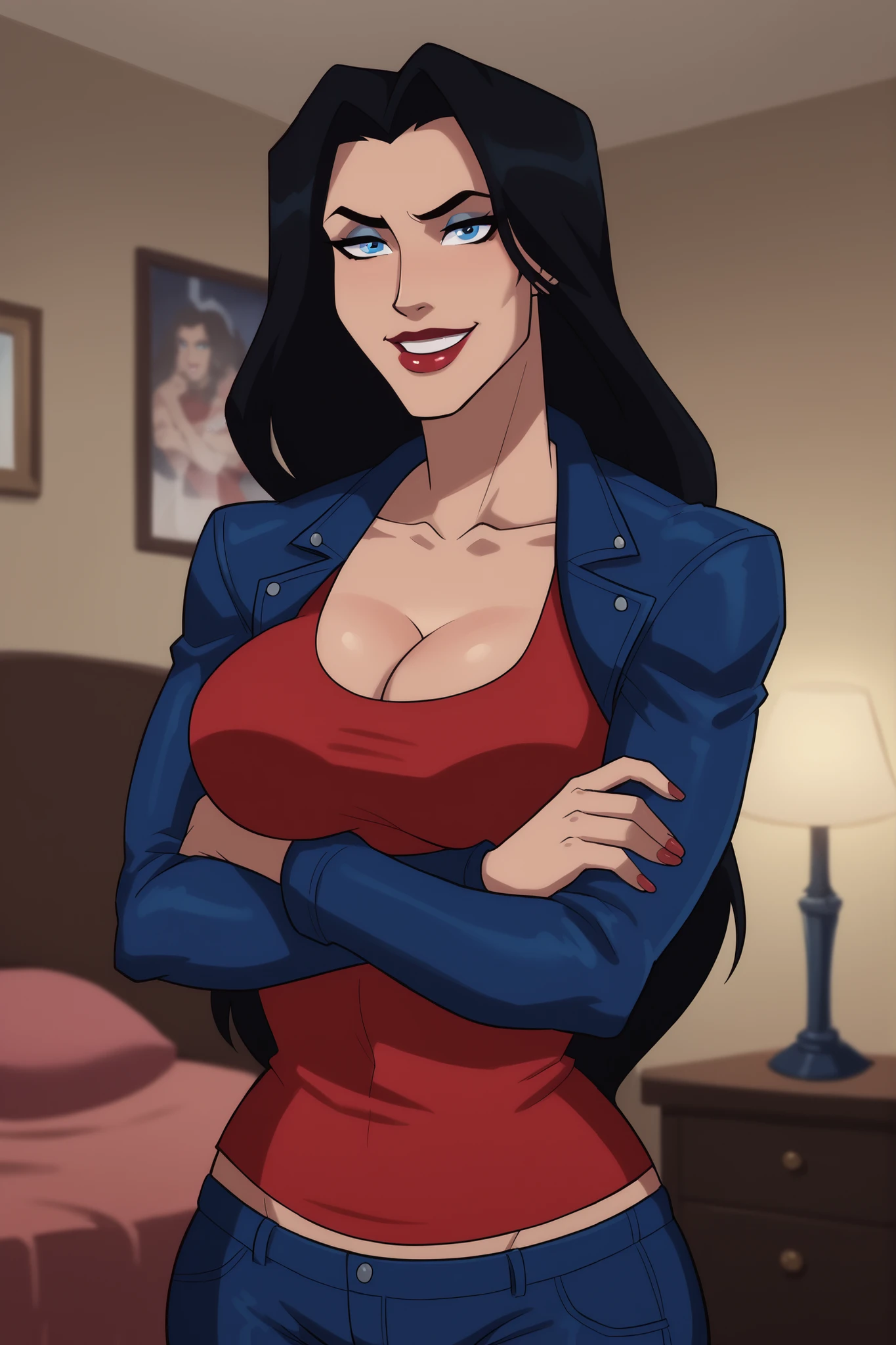 score_9, score_8_up, score_7_up, score_6_up, BREAK, safe_pos, 1girl, solo, wowobldlns, blue eyes, black hair, long hair, lipstick, makeup, large breasts, curvy, athletic, cleavage, looking at viewer, seduction expression, bedroom eyes, smiling, closed mouth, blue leather jacket, red tank top, blue leather jeans, long sleeves, indoors, bedroom, standing, closeup, beautiful face, portrait, arms crossed, crossed arms