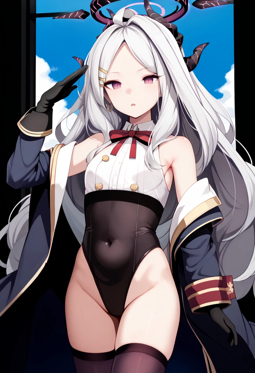 1 Girl、(Dark  skin:1.7),exteriors、шедевр、beautiful  lighting、Detailed beautiful face、Detailed beautiful eyes、A high resolution、Ultra-fine illustration、an extremely delicate and beautiful、beste-Qualit、The whole body is shown、Feet first、(A MILF:1.2), 独奏, 30s, (has silver hair,poneyTail,Blue eyes),, Curvaceous, (shinny hair, Glossy eyes, shinny skin), Laugh, A smile, (shining skin:1.2), (White sailor suit)、Pichi Pichi clothes、thighs thighs thighs thighs、simple clothes、Short hem、sleevless 、(a short skirt)、pelvis curtain、Armpits、A smile、black thighhighs、Watch your audience、under-boobs、blushed、perspiring、Jeweled、thick-thighs、Parting lips、pantyhose、Blushing cheeks