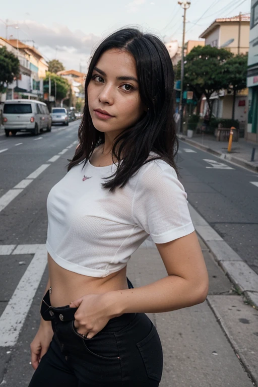 23-year-old hyper-realistic Latin girl with freckles, mood selfie for instagram, Ultra Definition, (photoreallistic: 1.4), 8k, calidad premier, fondos detallados, cara delicada, maquillaje natural, foto raw, iphone, HDR, Coqueteando con el espectador, en la ciudad, cabello recogido hecho cola, Hands back, pose natural, ass, short black dress