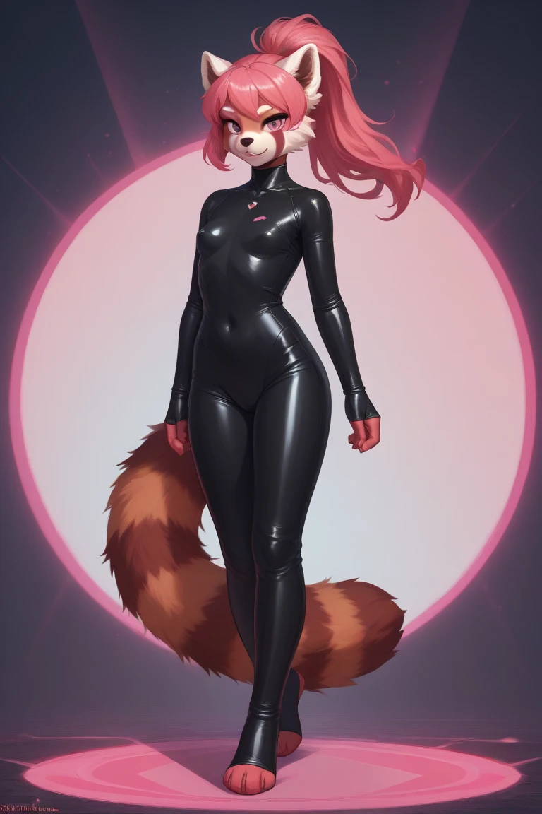 Slim woman with pronounced hips, with long straight orange hair and a red bow in her hair, freckles on her cheeks, small red lips, big pink eyes  , dressed in erotic pink latex bunny suit With and white stockings  , in various views (front and back) (full body) ((Character sheet)) 