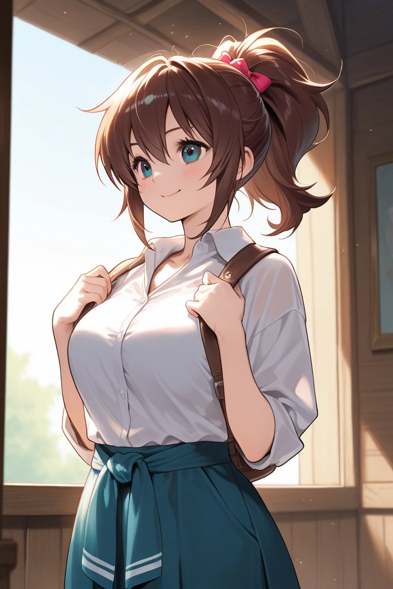 score_9, score_8_up, score_7_up, source_anime, anime screencap, 1girl, brown hair, medium hair, big breasts, skirt, standing, smile, cowboy shot, looking at viewer, outdoor